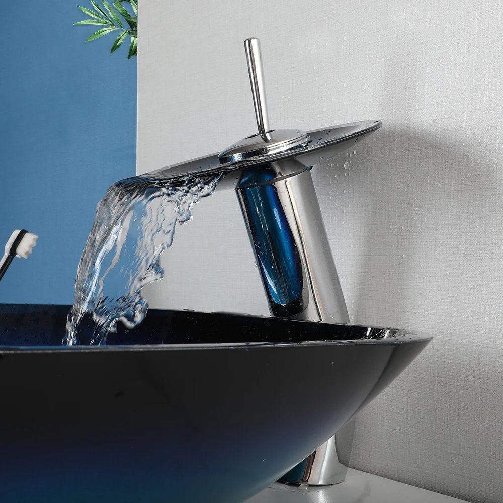 Tempered Glass Bathroom Vessel Sink with Waterfall Black Faucet Tap Bathroom Oval Blue Vessel Sinks Above Counter Basin