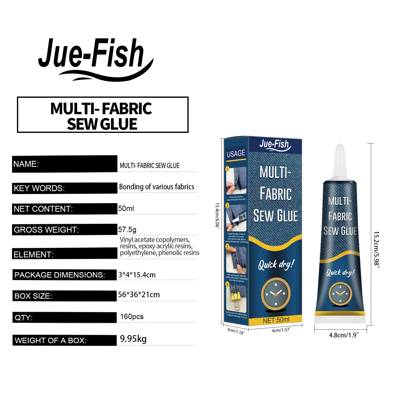 Jue-Fish High Quality Adhesive Strong Clothes Glue for Ripped Jeans Shoes Plush Fabric Instant Quick Dry Multi Fabric Sew Glue