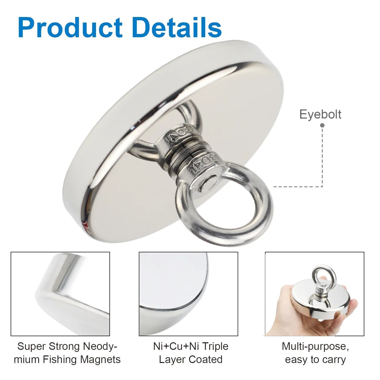 D16~D42mm Super Strong Neodymium Fishing Magnet N52 Heavy Duty Rare Earth Magnet with Countersunk Hole Eyebolt Salvage Magnetic