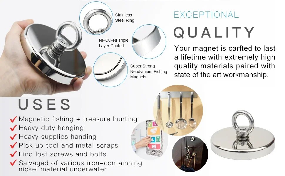 D16~D42mm Super Strong Neodymium Fishing Magnet N52 Heavy Duty Rare Earth Magnet with Countersunk Hole Eyebolt Salvage Magnetic