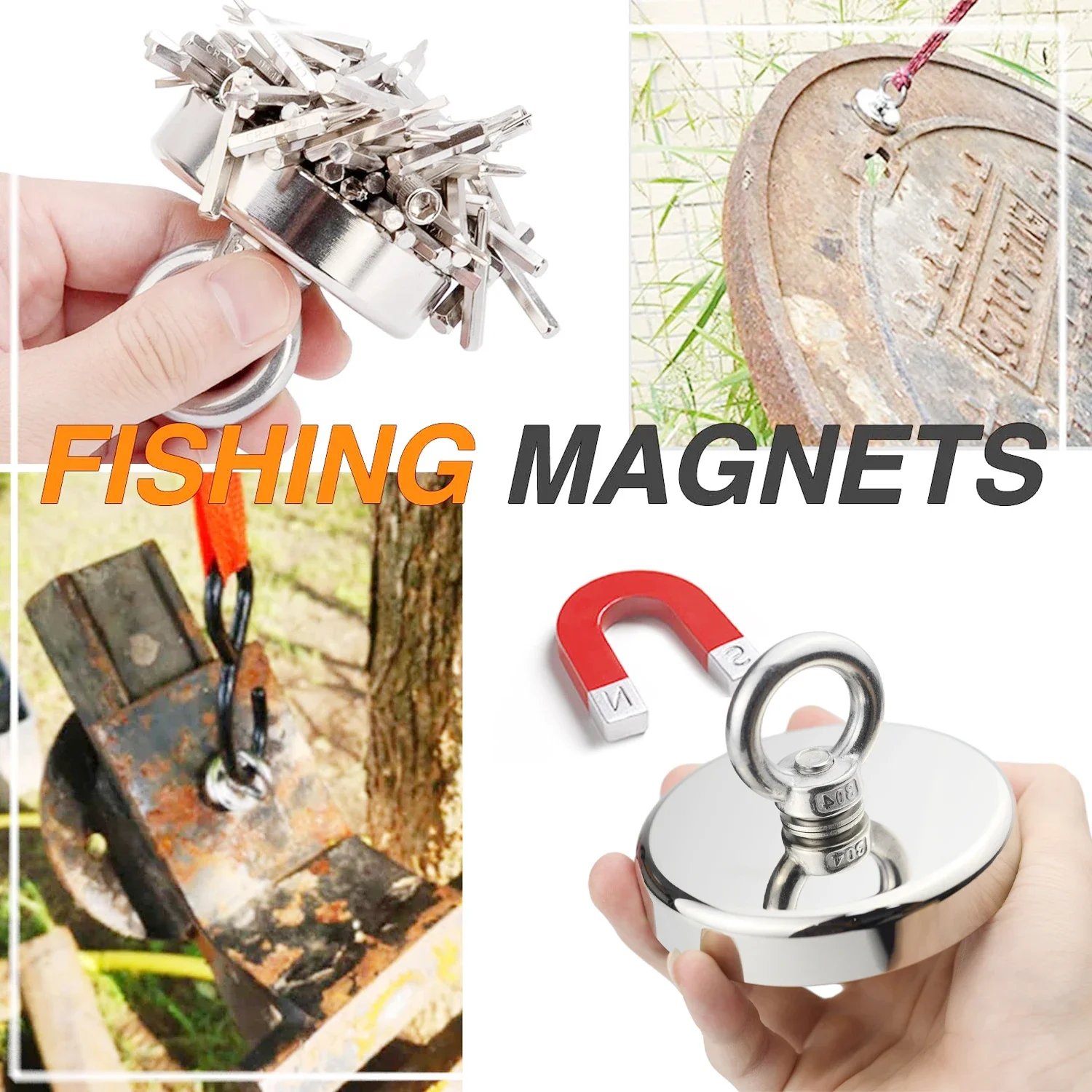 D16~D42mm Super Strong Neodymium Fishing Magnet N52 Heavy Duty Rare Earth Magnet with Countersunk Hole Eyebolt Salvage Magnetic