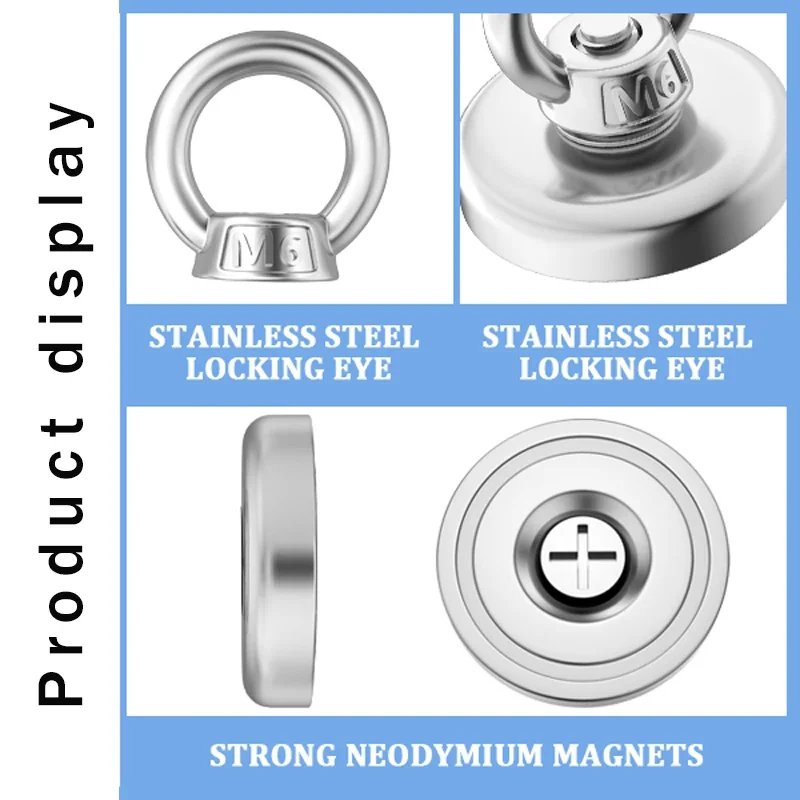 D16~D42mm Super Strong Neodymium Fishing Magnet N52 Heavy Duty Rare Earth Magnet with Countersunk Hole Eyebolt Salvage Magnetic