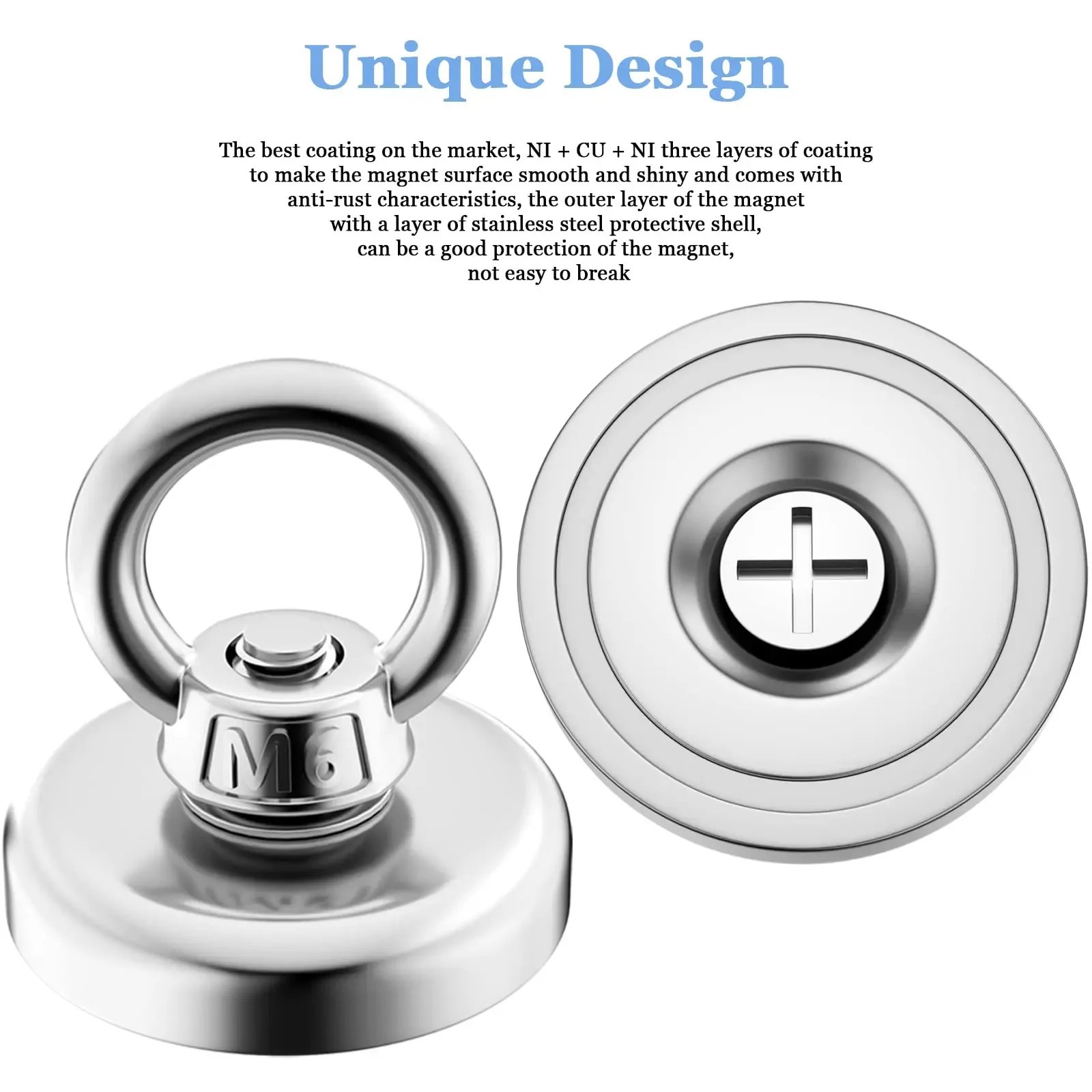 D16~D42mm Super Strong Neodymium Fishing Magnet N52 Heavy Duty Rare Earth Magnet with Countersunk Hole Eyebolt Salvage Magnetic