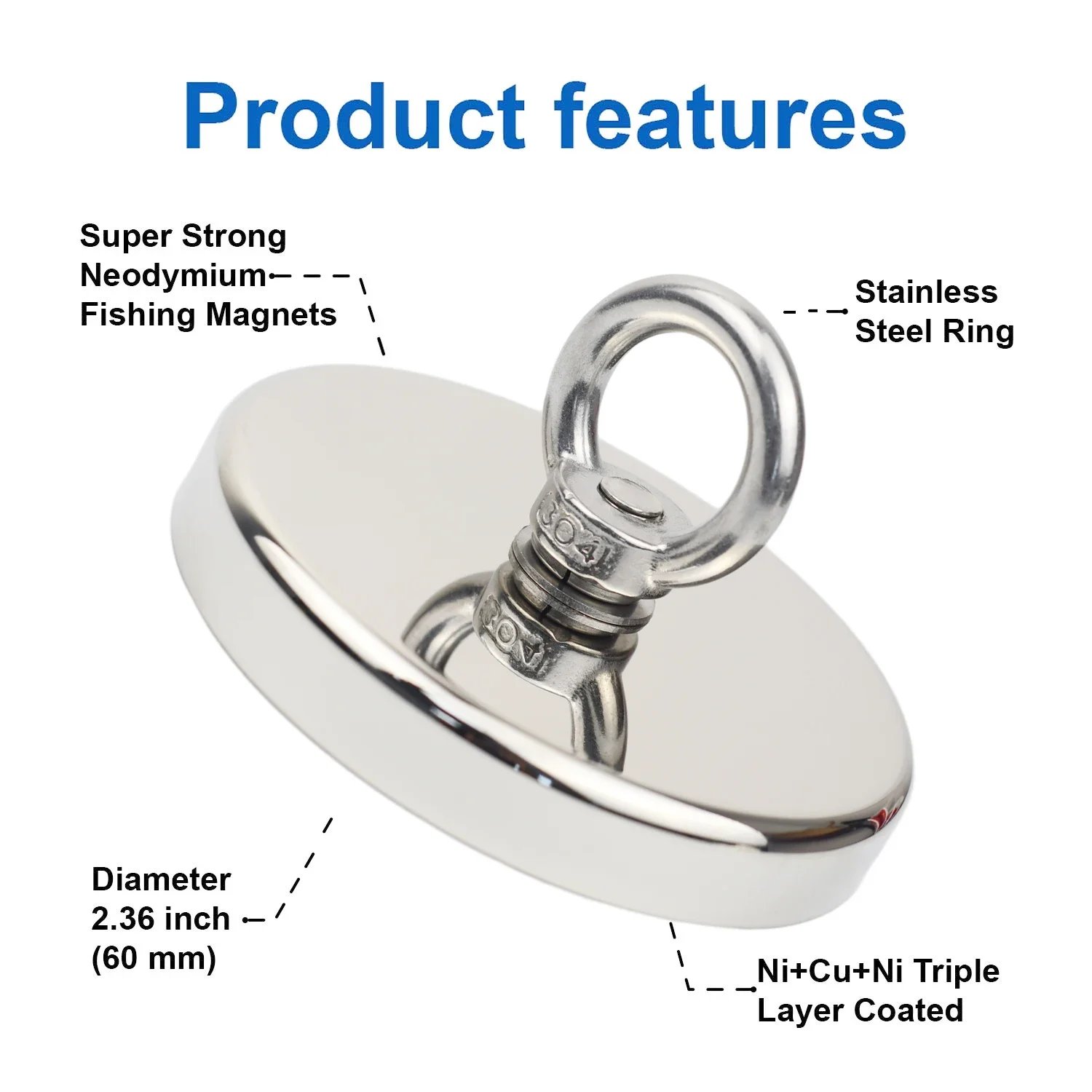 D16~D42mm Super Strong Neodymium Fishing Magnet N52 Heavy Duty Rare Earth Magnet with Countersunk Hole Eyebolt Salvage Magnetic