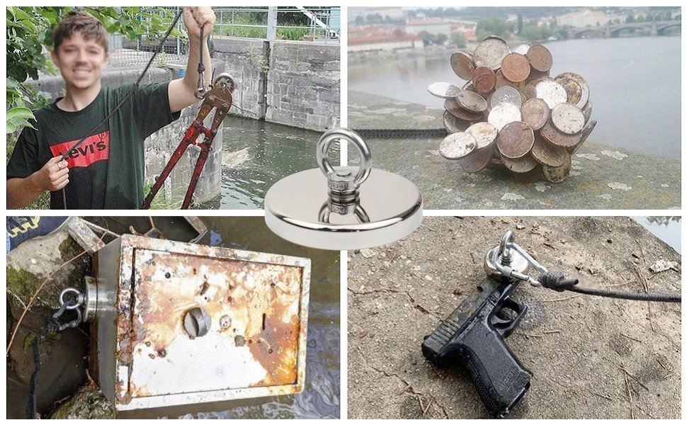 D16~D42mm Super Strong Neodymium Fishing Magnet N52 Heavy Duty Rare Earth Magnet with Countersunk Hole Eyebolt Salvage Magnetic