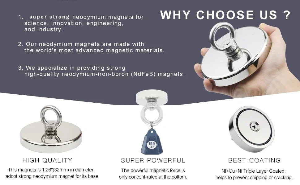 D16~D42mm Super Strong Neodymium Fishing Magnet N52 Heavy Duty Rare Earth Magnet with Countersunk Hole Eyebolt Salvage Magnetic