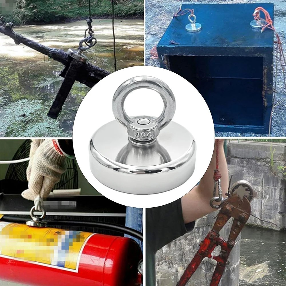 D16~D42mm Super Strong Neodymium Fishing Magnet N52 Heavy Duty Rare Earth Magnet with Countersunk Hole Eyebolt Salvage Magnetic