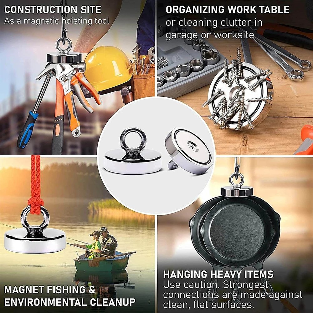 D16~D42mm Super Strong Neodymium Fishing Magnet N52 Heavy Duty Rare Earth Magnet with Countersunk Hole Eyebolt Salvage Magnetic