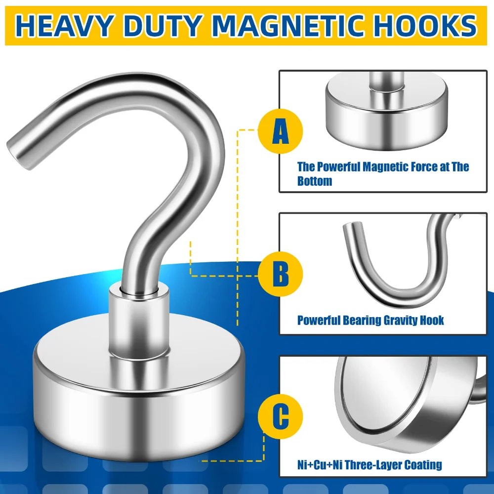 6-20 Pcs 16 MM Strong  Magnetic Hooks Heavy Duty Wall Hooks Hanger Super Strong Neodymium Magnet Hooks For Home Kitchen Coat Cup