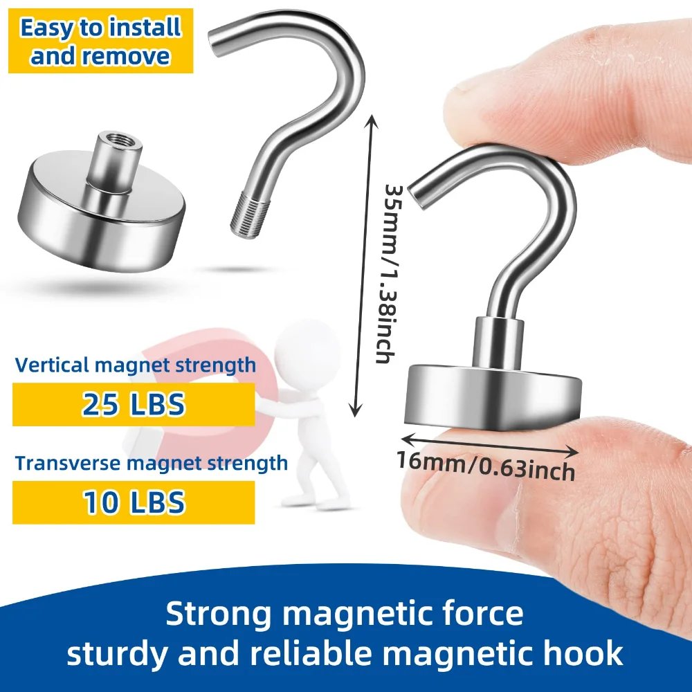 6-20 Pcs 16 MM Strong  Magnetic Hooks Heavy Duty Wall Hooks Hanger Super Strong Neodymium Magnet Hooks For Home Kitchen Coat Cup
