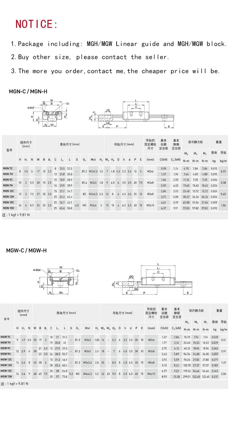 KGT MGN7H MGN9H MGN12H MGN15H RoHS L from100mm to 1000mm miniature linear guide rail slide carriage 3D Printer part MGN12C CNC
