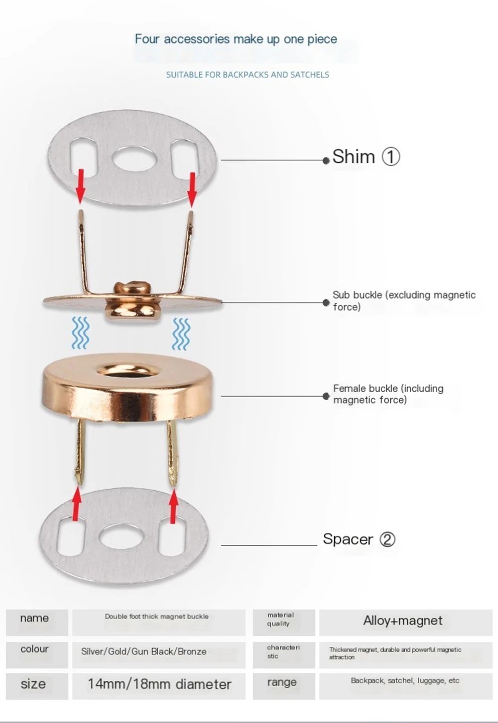 10 Pcs/Pack 14-18MM Magnetic Snap Fasteners Clasps Buttons Handbag Purse Wallet Craft Bags Parts Accessories