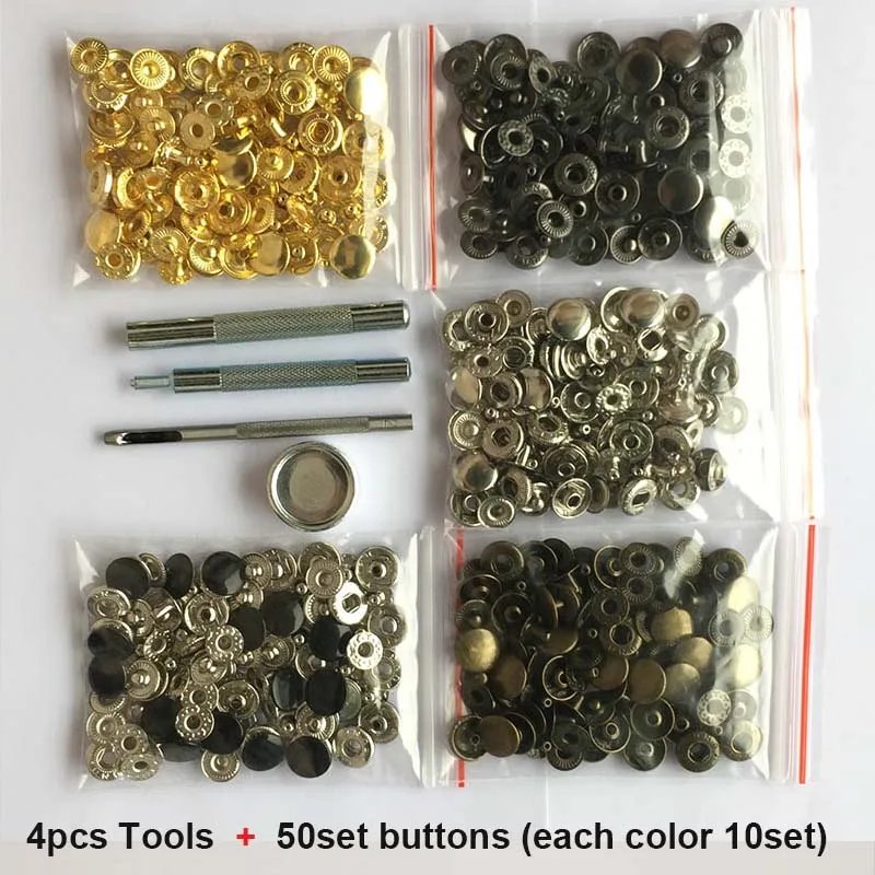 50set Leather Snap Fasteners Kit,10mm 12mm 15mm Metal Button Snaps Press Studs,4 Install Tools, Leather Snaps for Clothes