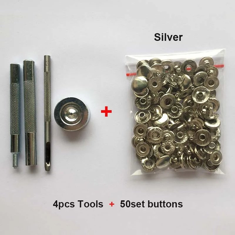 50set Leather Snap Fasteners Kit,10mm 12mm 15mm Metal Button Snaps Press Studs,4 Install Tools, Leather Snaps for Clothes