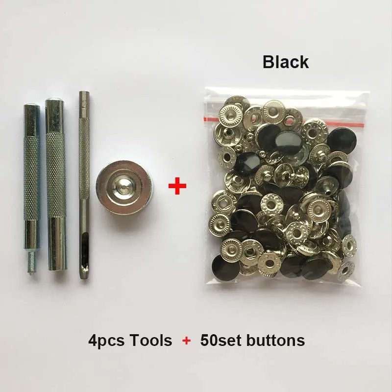 50set Leather Snap Fasteners Kit,10mm 12mm 15mm Metal Button Snaps Press Studs,4 Install Tools, Leather Snaps for Clothes