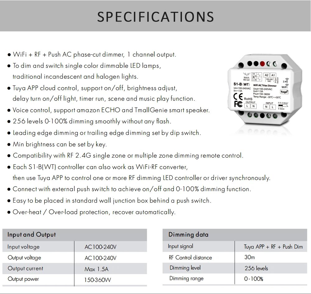 Tuya Dimmer Switch 220V Wifi Smart Life APP 2.4G Wireless RF Remote Control LED Lamp Bulb Light Triac Dimer Controller S1-B-WT Tuya Dimmer Switch 220V Wifi Smart Life APP 2.4G Wireless RF Remote Control LED Lamp Bulb Light Triac Dimer Controller S1-B-WT