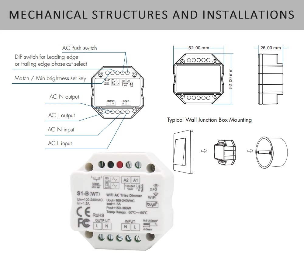 Tuya Dimmer Switch 220V Wifi Smart Life APP 2.4G Wireless RF Remote Control LED Lamp Bulb Light Triac Dimer Controller S1-B-WT Tuya Dimmer Switch 220V Wifi Smart Life APP 2.4G Wireless RF Remote Control LED Lamp Bulb Light Triac Dimer Controller S1-B-WT