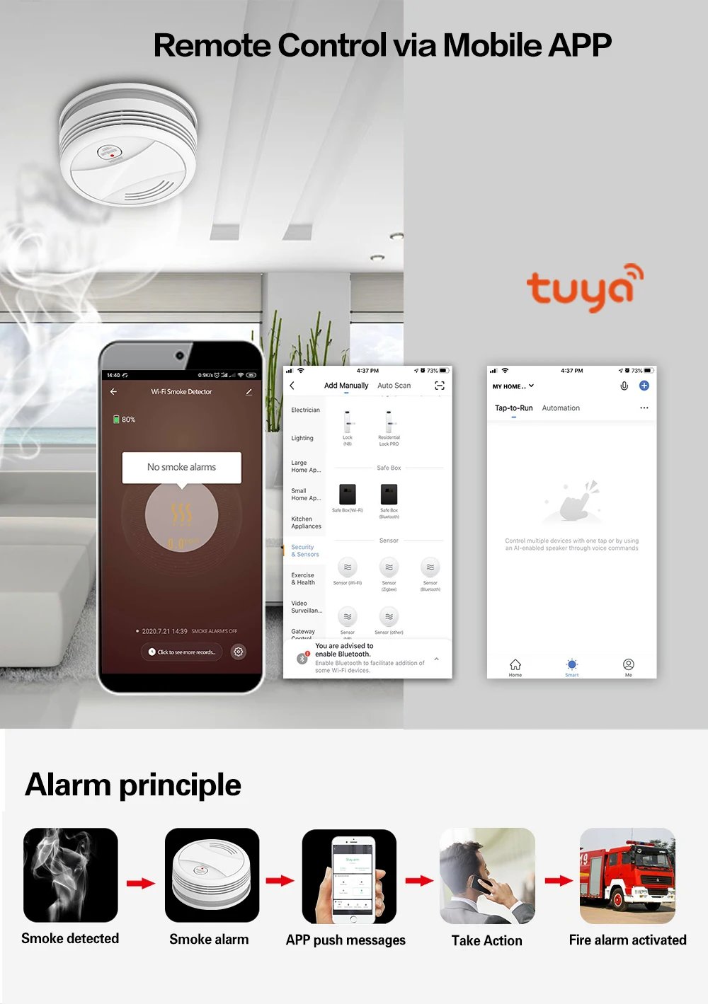 EN14604 Certified Tuya Smart WiFi Smoke Detector Sensor 80DB Alarm Fire Smoke Detector Wifi Fire Protection Home Security Alarm