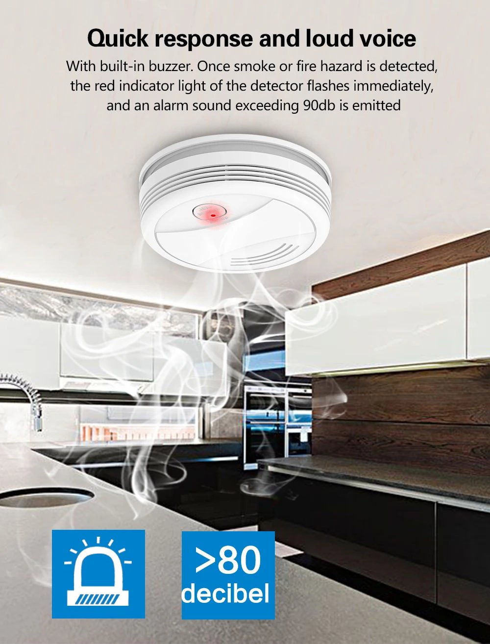 EN14604 Certified Tuya Smart WiFi Smoke Detector Sensor 80DB Alarm Fire Smoke Detector Wifi Fire Protection Home Security Alarm