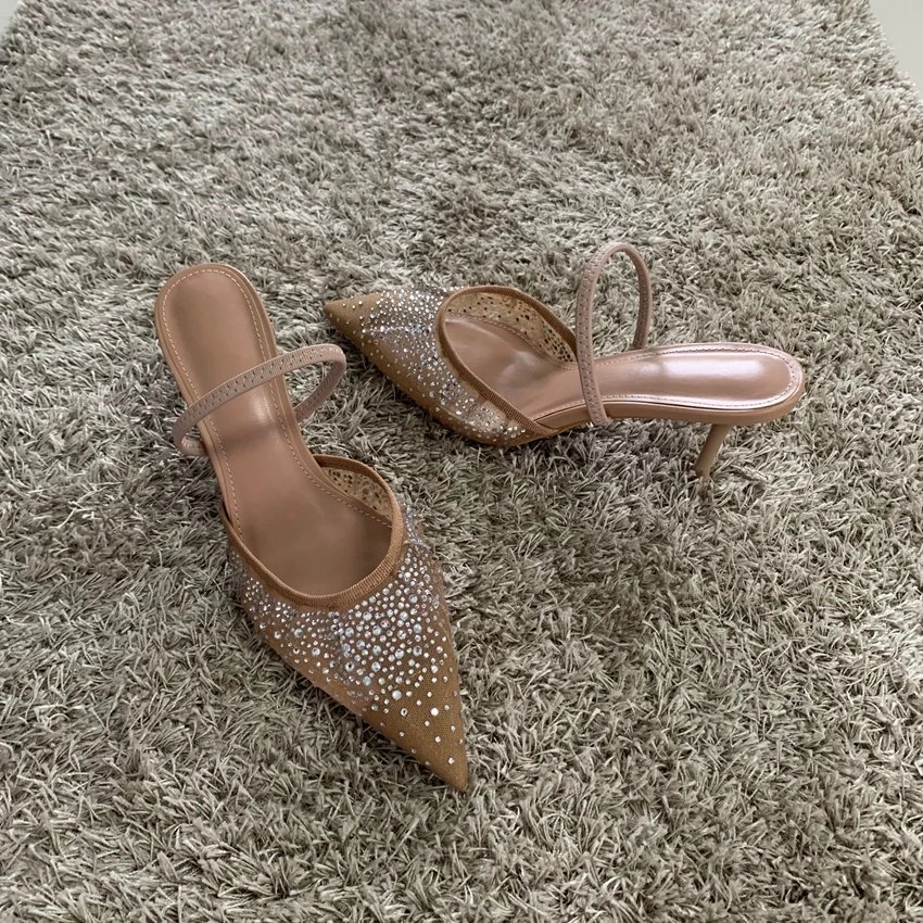 New Summer Women's Sandals Rhinestone Bright Mesh High Heels Footwear Elegant Slingback Pointed Slip on Party Lady Pumps Shoes