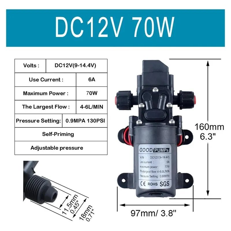 Automatic Flow Switch 6L/Min DC12V 60W 70W 130PSI AUTO Diaphragm Water Pump Mini Safe High Pressure Self Priming Pumps Automatic Flow Switch 6L/Min DC12V 60W 70W 130PSI AUTO Diaphragm Water Pump Mini Safe High Pressure Self Priming Pumps