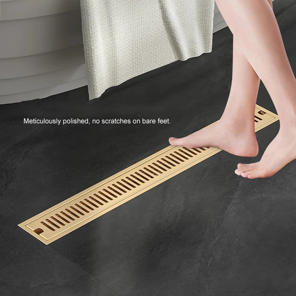 Shower Floor Drain for Bathroom Lavatory Balcony 304 Stainless Steel Brushed Gold Black Long Linear Drainage Side Floor Drains