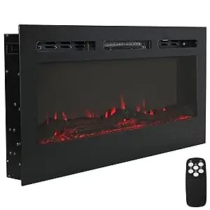 Sunnydaze Modern Flame 32-Inch Indoor Electric Fireplace - Wall-Mounted/Recessed Installation - 9 Flame Colors - Black