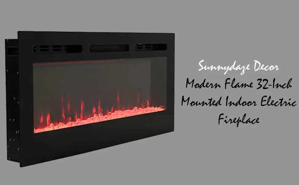 Sunnydaze Modern Flame 32-Inch Indoor Electric Fireplace - Wall-Mounted/Recessed Installation - 9 Flame Colors - Black