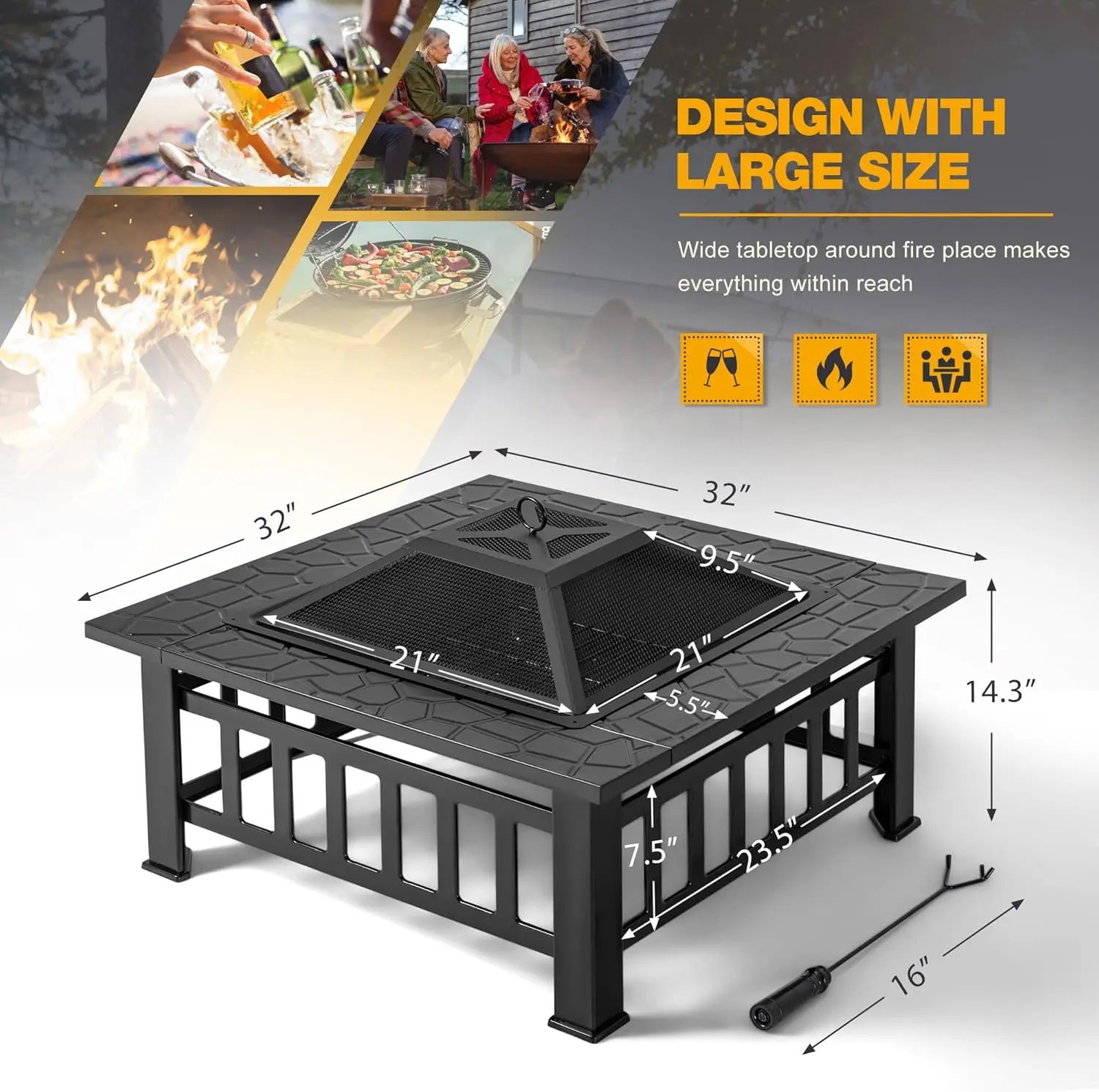 Outdoor Fire Pit, 32 Inch Firepit Table Metal Outdoor Fireplaces with Waterproof Cover for Outside Patio Camping