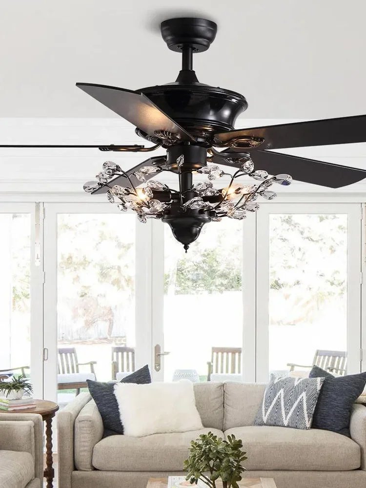 Black Wood Luxury Crystal Ceiling Fans With Lights 52 Inch Remote Control Fans Lamp DC 110V/220V Wood Ceiling Fans Lighting