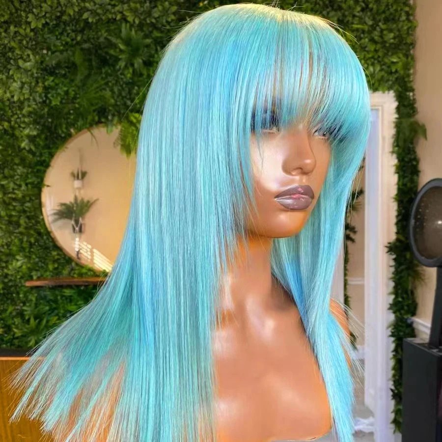 AIMEYA Platinum Blonde Synthetic Lace Front Wig for Women Natural Straight Wig with Bangs Light Blue Synthetic Hair Daily Use