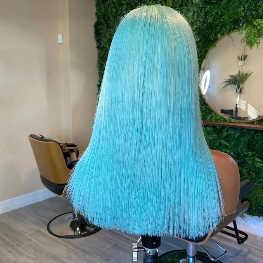 AIMEYA Platinum Blonde Synthetic Lace Front Wig for Women Natural Straight Wig with Bangs Light Blue Synthetic Hair Daily Use