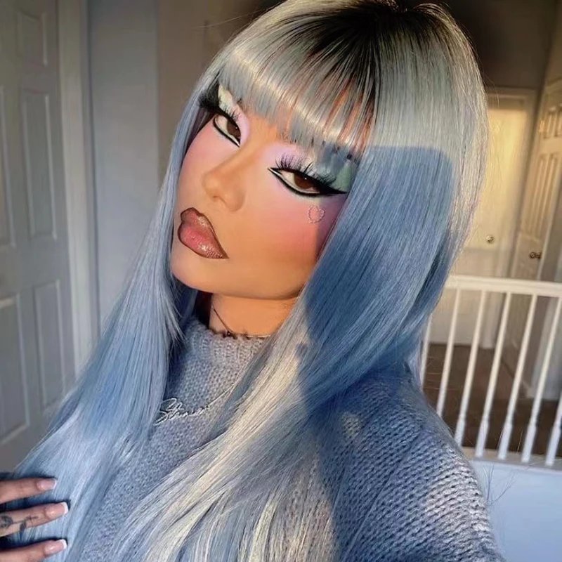 AIMEYA Platinum Blonde Synthetic Lace Front Wig for Women Natural Straight Wig with Bangs Light Blue Synthetic Hair Daily Use