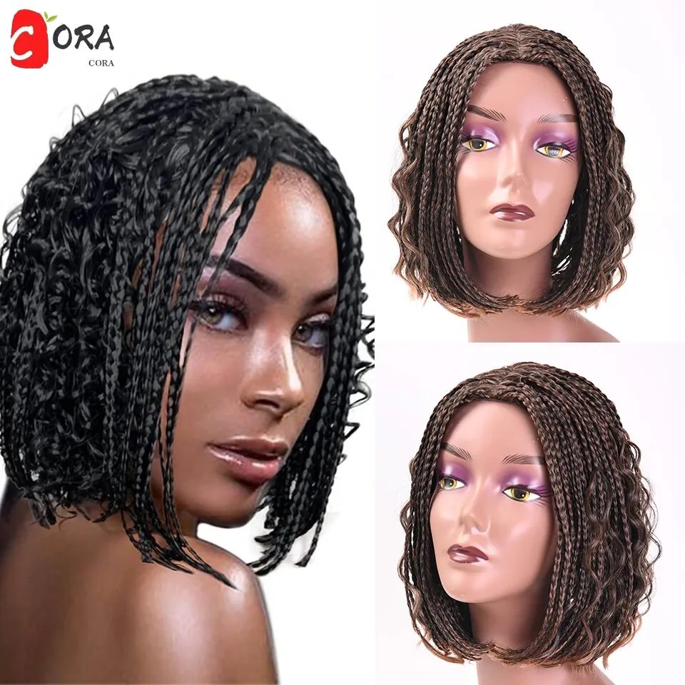 New Short Braided Wig Machine -made Synthetic Twist Box Braided Bob Wigs Curly Wigs With The End Goddess Wigs For Black Women