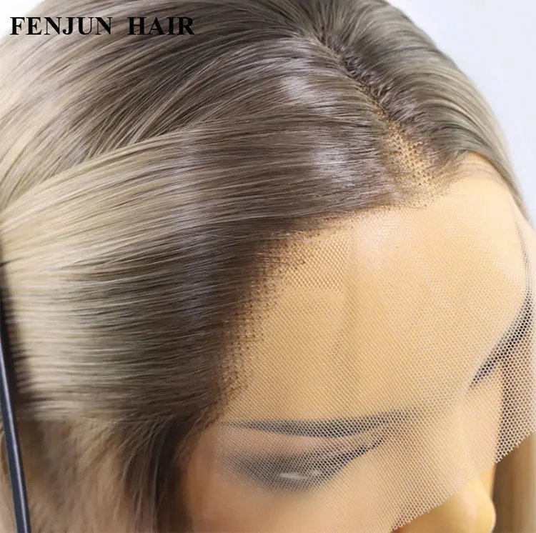 Synthetic Hair Ash Blonde Highlight Color Short Straight Bob Lace Front Wigs 13x4Lace Frontal Wig For Women Long Wig Dark Roots