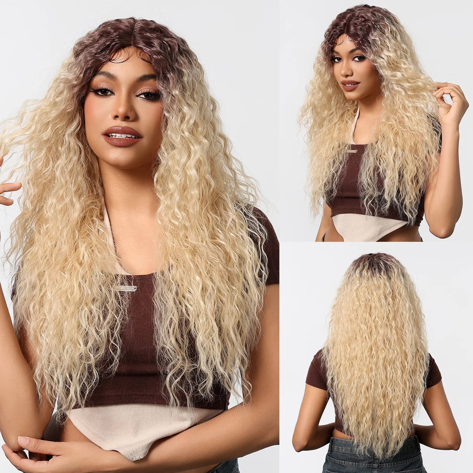 Afro Kinky Curly Synthetic Hair Long Copper Ginger Brown Lace Wig for Afro Women Wavy T Lace Wigs Daily Use Heat Resistant Fiber