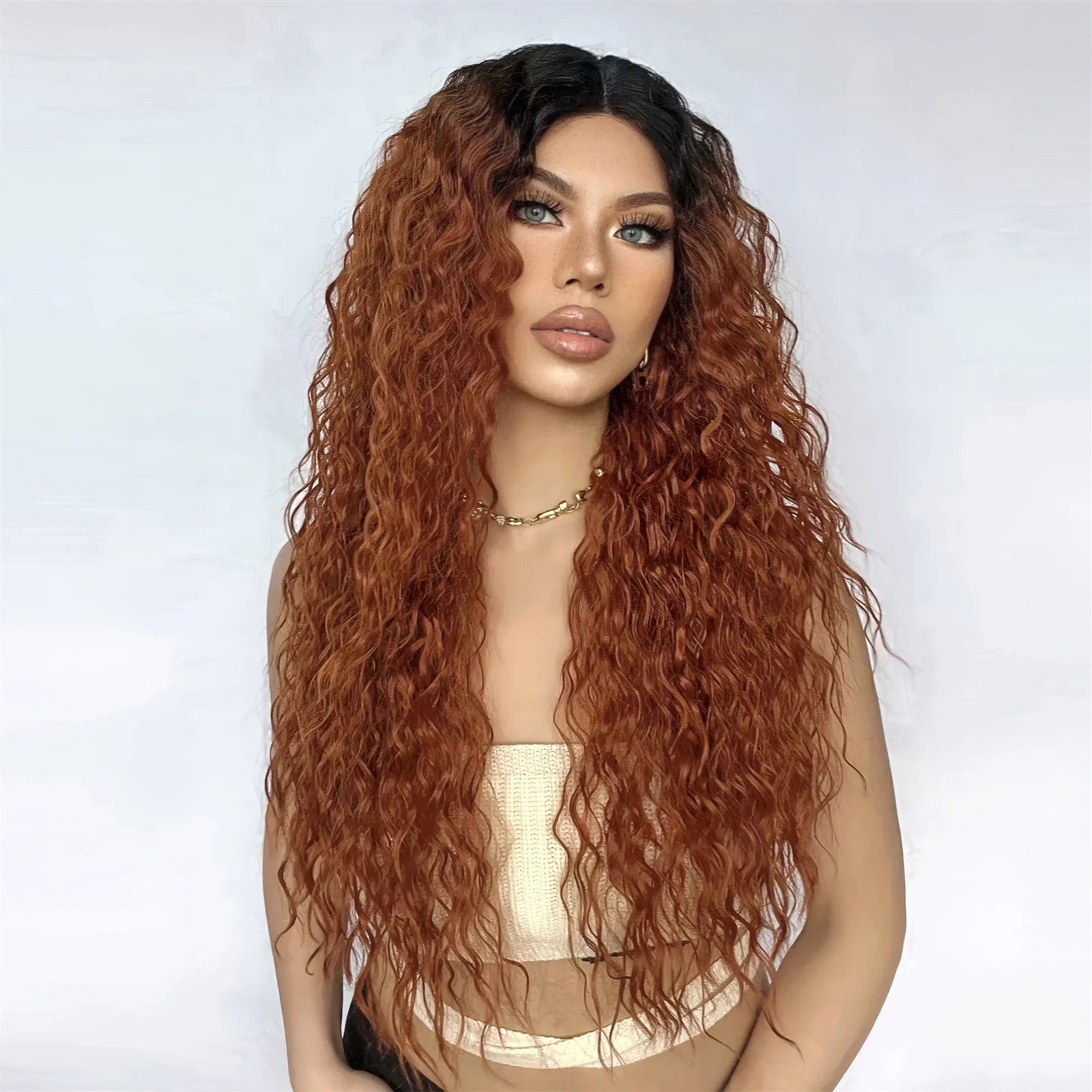 Afro Kinky Curly Synthetic Hair Long Copper Ginger Brown Lace Wig for Afro Women Wavy T Lace Wigs Daily Use Heat Resistant Fiber