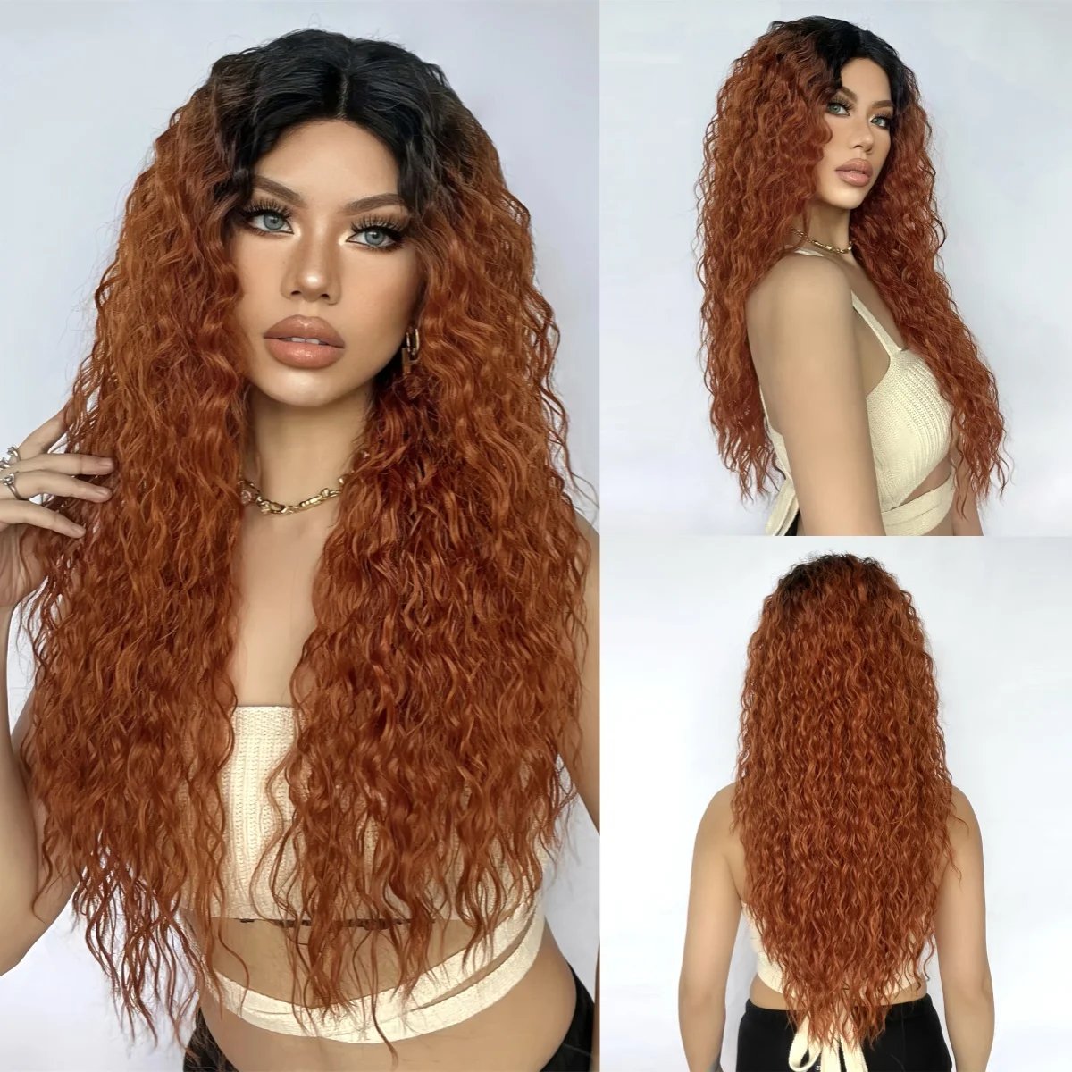 Afro Kinky Curly Synthetic Hair Long Copper Ginger Brown Lace Wig for Afro Women Wavy T Lace Wigs Daily Use Heat Resistant Fiber