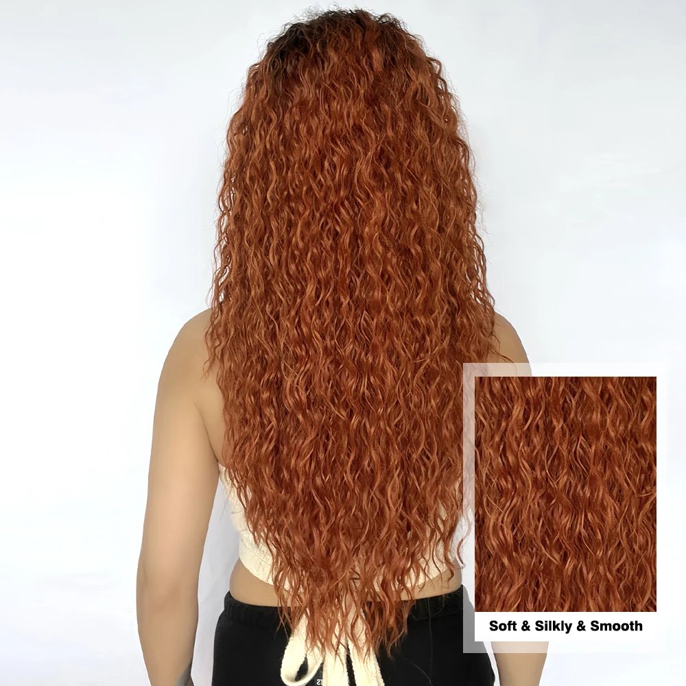 Afro Kinky Curly Synthetic Hair Long Copper Ginger Brown Lace Wig for Afro Women Wavy T Lace Wigs Daily Use Heat Resistant Fiber