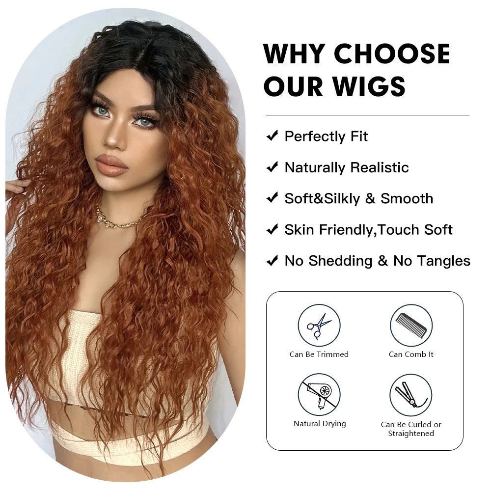Afro Kinky Curly Synthetic Hair Long Copper Ginger Brown Lace Wig for Afro Women Wavy T Lace Wigs Daily Use Heat Resistant Fiber