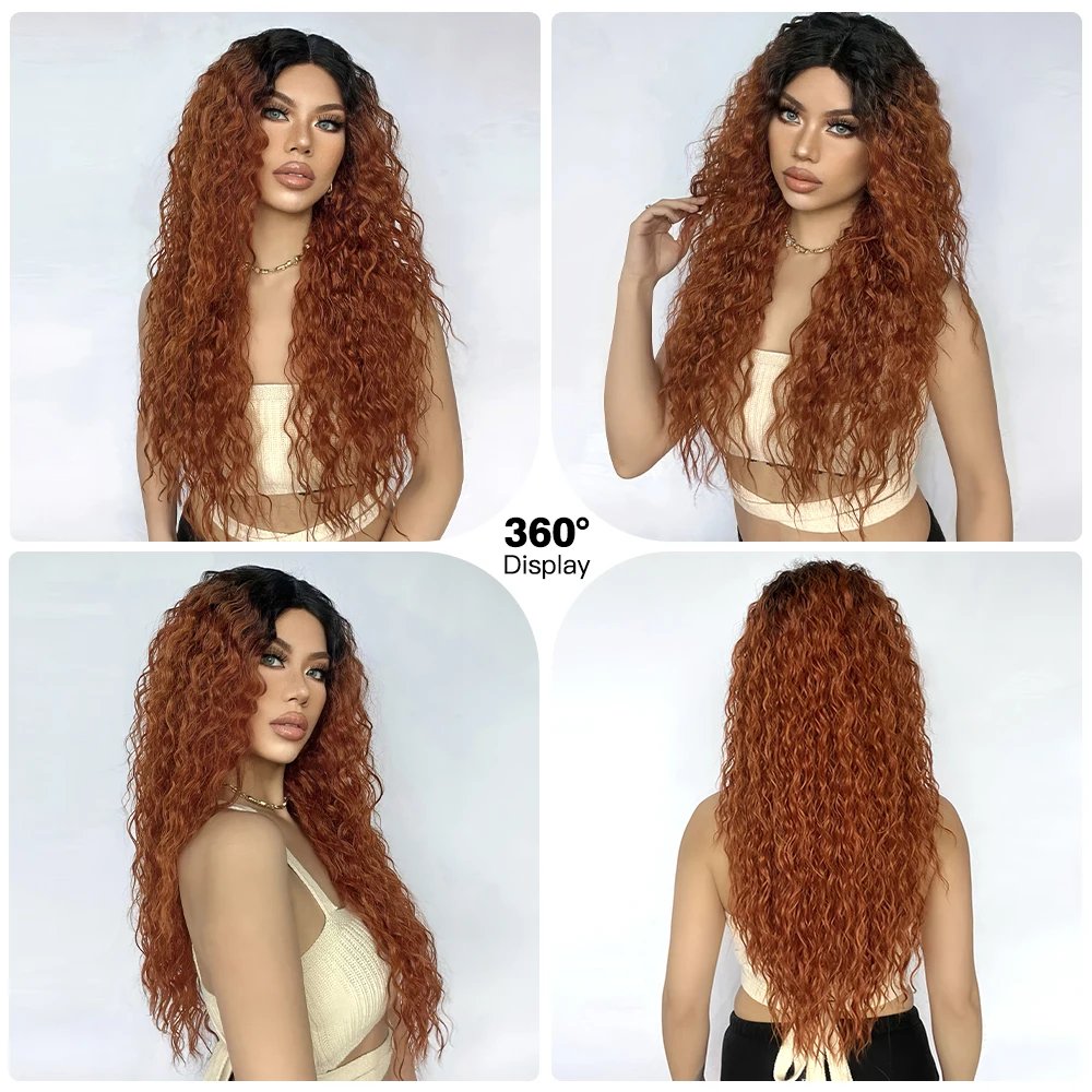 Afro Kinky Curly Synthetic Hair Long Copper Ginger Brown Lace Wig for Afro Women Wavy T Lace Wigs Daily Use Heat Resistant Fiber