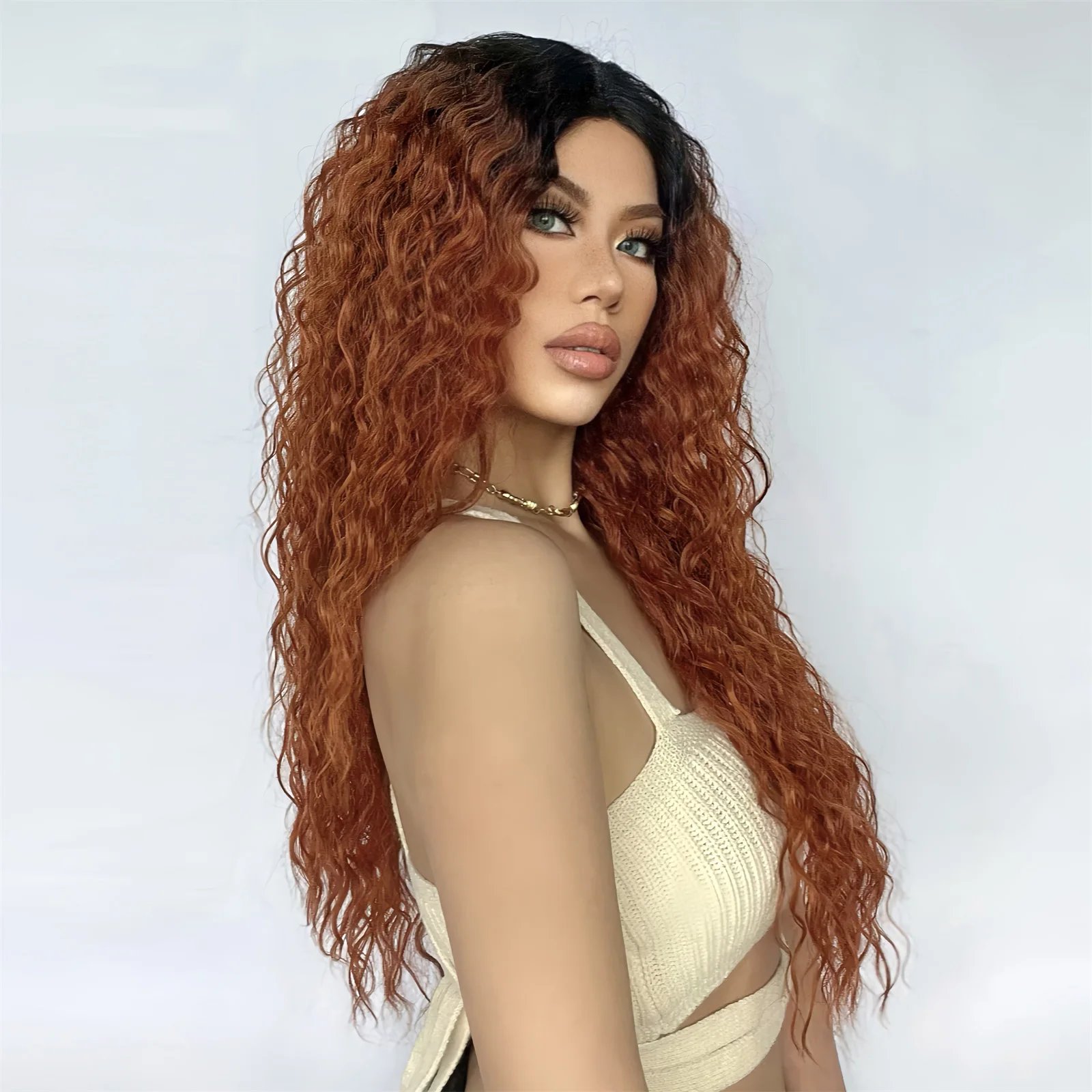 Afro Kinky Curly Synthetic Hair Long Copper Ginger Brown Lace Wig for Afro Women Wavy T Lace Wigs Daily Use Heat Resistant Fiber
