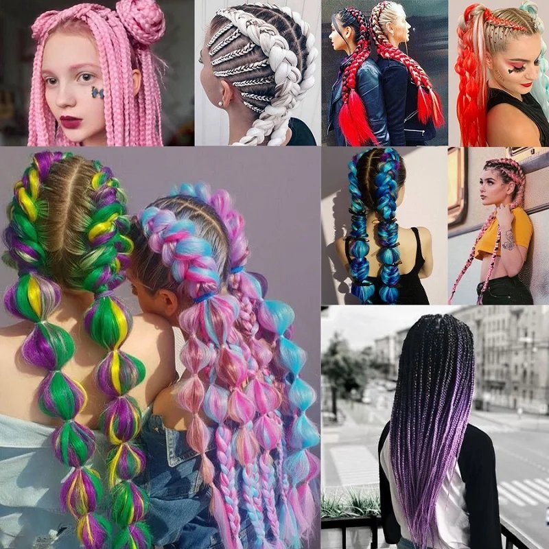 24Inch Synthetic Ombre Rainbow Mixed Colors Long Straight Box Jumbo Braids Hairpiece Crochet Hair for Women