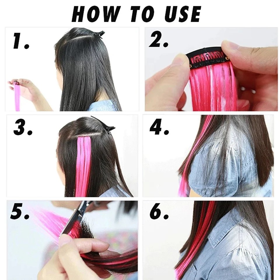 LUPU 22 Inch Colored Highlight Synthetic Hair Extensions Rainbow Long Straight Hairpieces for Women Kids Girls Purple Pink Blue