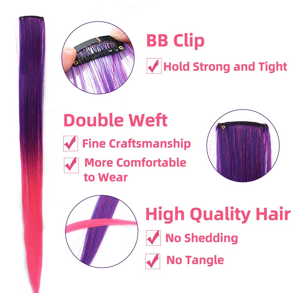 LUPU 22 Inch Colored Highlight Synthetic Hair Extensions Rainbow Long Straight Hairpieces for Women Kids Girls Purple Pink Blue LUPU 22 Inch Colored Highlight Synthetic Hair Extensions Rainbow Long Straight Hairpieces for Women Kids Girls Purple Pink Blue