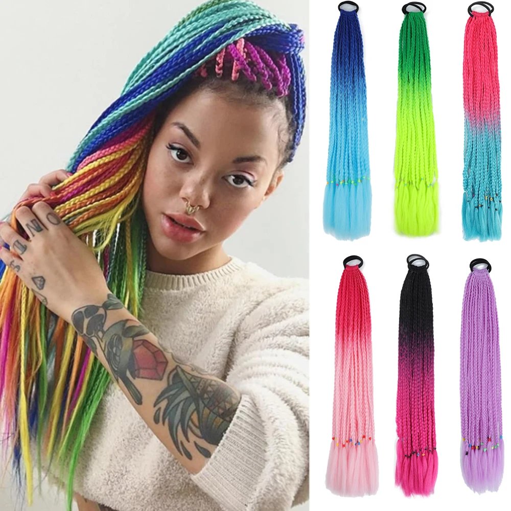 Colorful Braids, Synthetic Wig Extensions, Rubber Bands, Rainbow Braids, Ponytail Hair Accessories, WOMEN'S Party Cosplay Fes