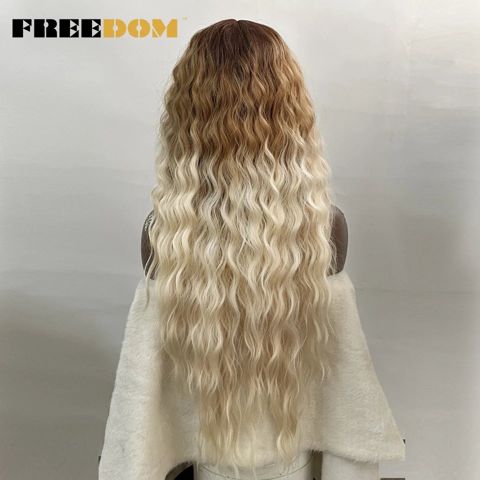 FREEDOM Synthetic Lace Wig Long Deep Wavy Ombre Blonde Ginger Lace Wigs For Black Women Heat Resistant Cosplay Wigs