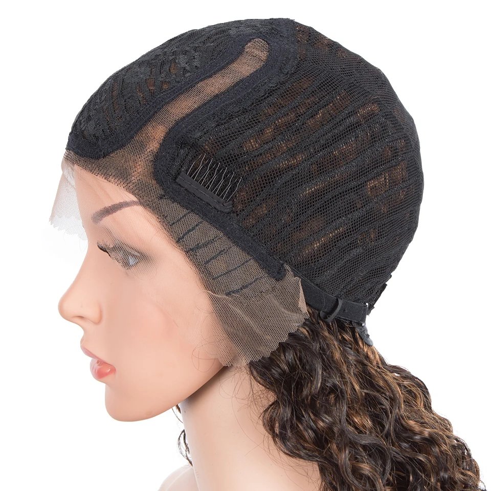 Sleek Curly Human Hair Wig For Women Brown Highlights Lace Wig Remy Brazilian Hair Wigs 13X1 Water Wave Woman  T Part Lace Wigs