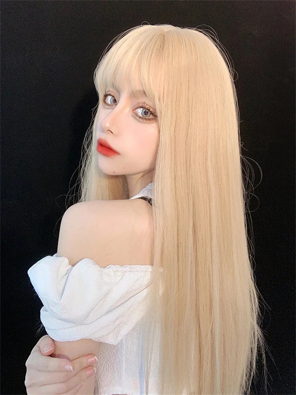 XIYUE Long Natural Wavy Platinum Blonde Wigs With Bangs Cosplay Party Lolita Synthetic Wigs for Women Heat Resistant Fiber
