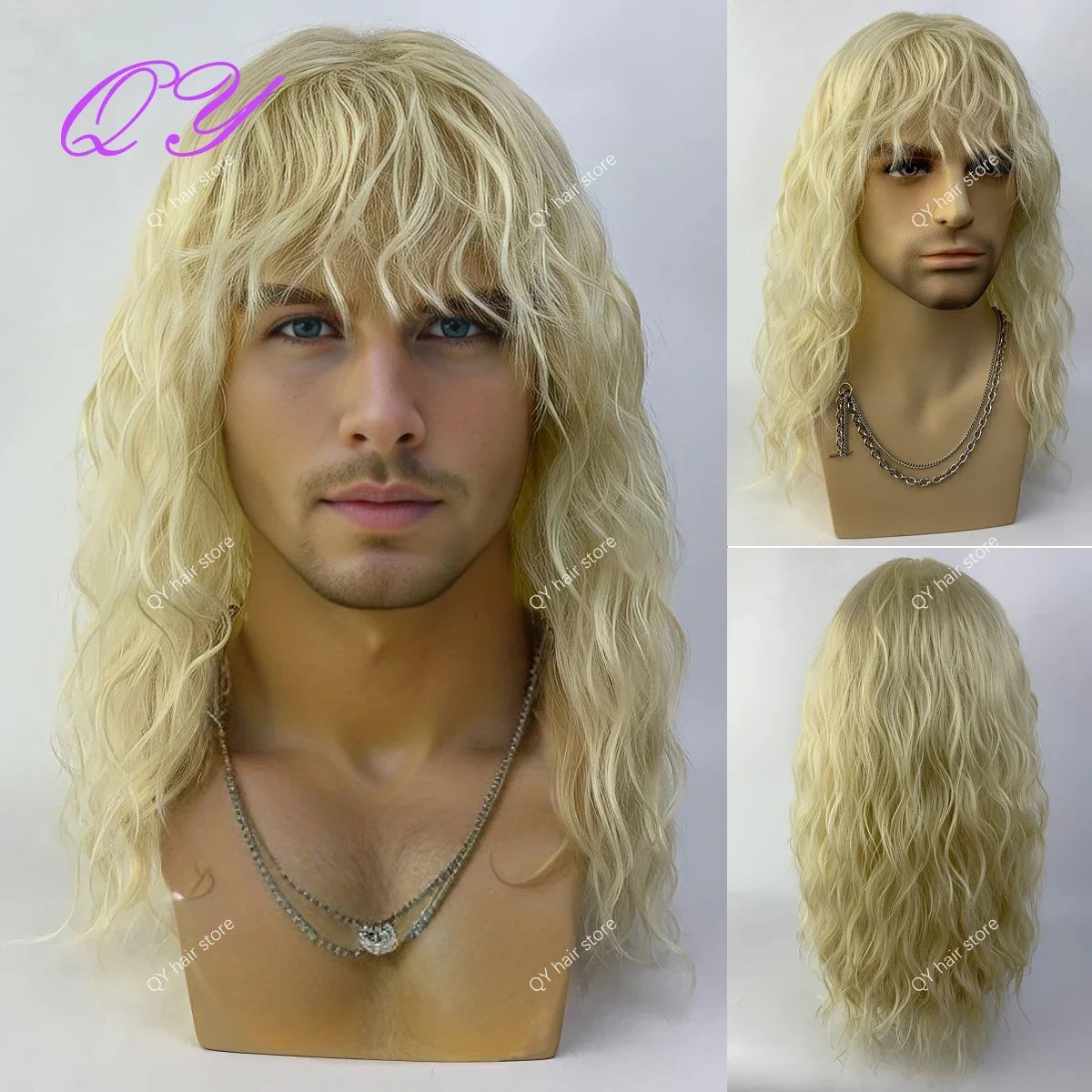 Synthetic Men's Wig Long Brown Natural Curly Rock Man Wig With Bangs Party Or Cosplay Adjustable Water Wave Male Hair Wig
